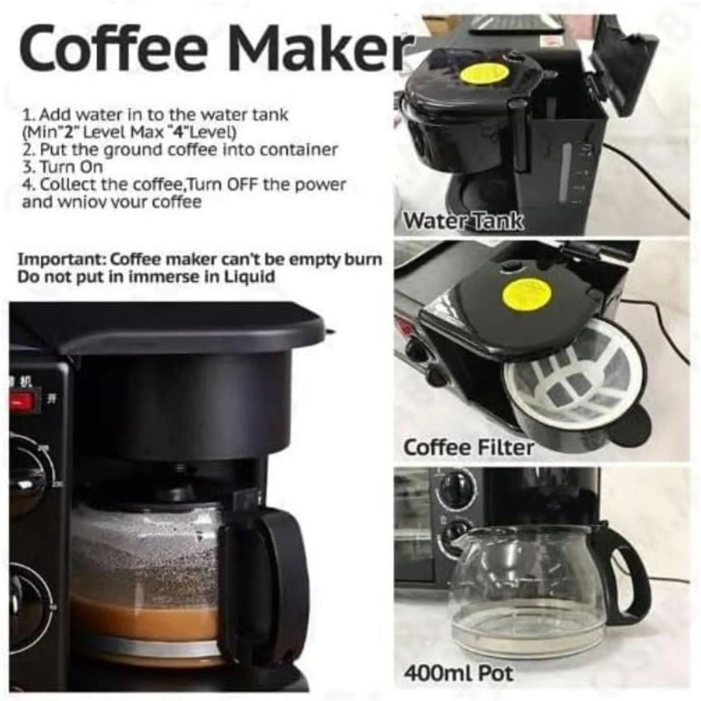 3 in 1 Breakfast Maker with Glass Lid Versatile Toasters with Frying Pan Mini Oven Includes Coffee Maker for Sandwich Kitchen