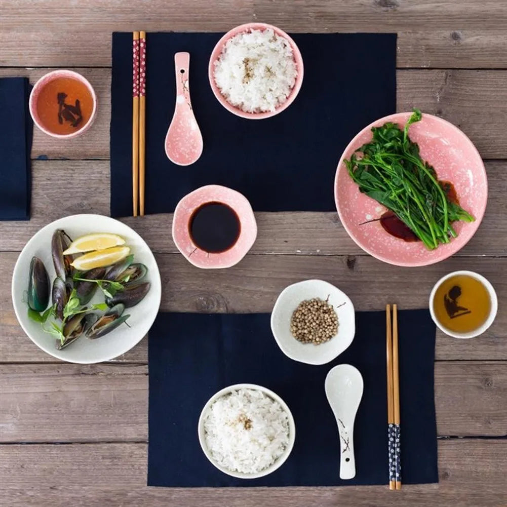 6-Piece Set Japanese Rice Bowl Dishes, Chopsticks, Spoon Ceramic Tableware Household Single Food