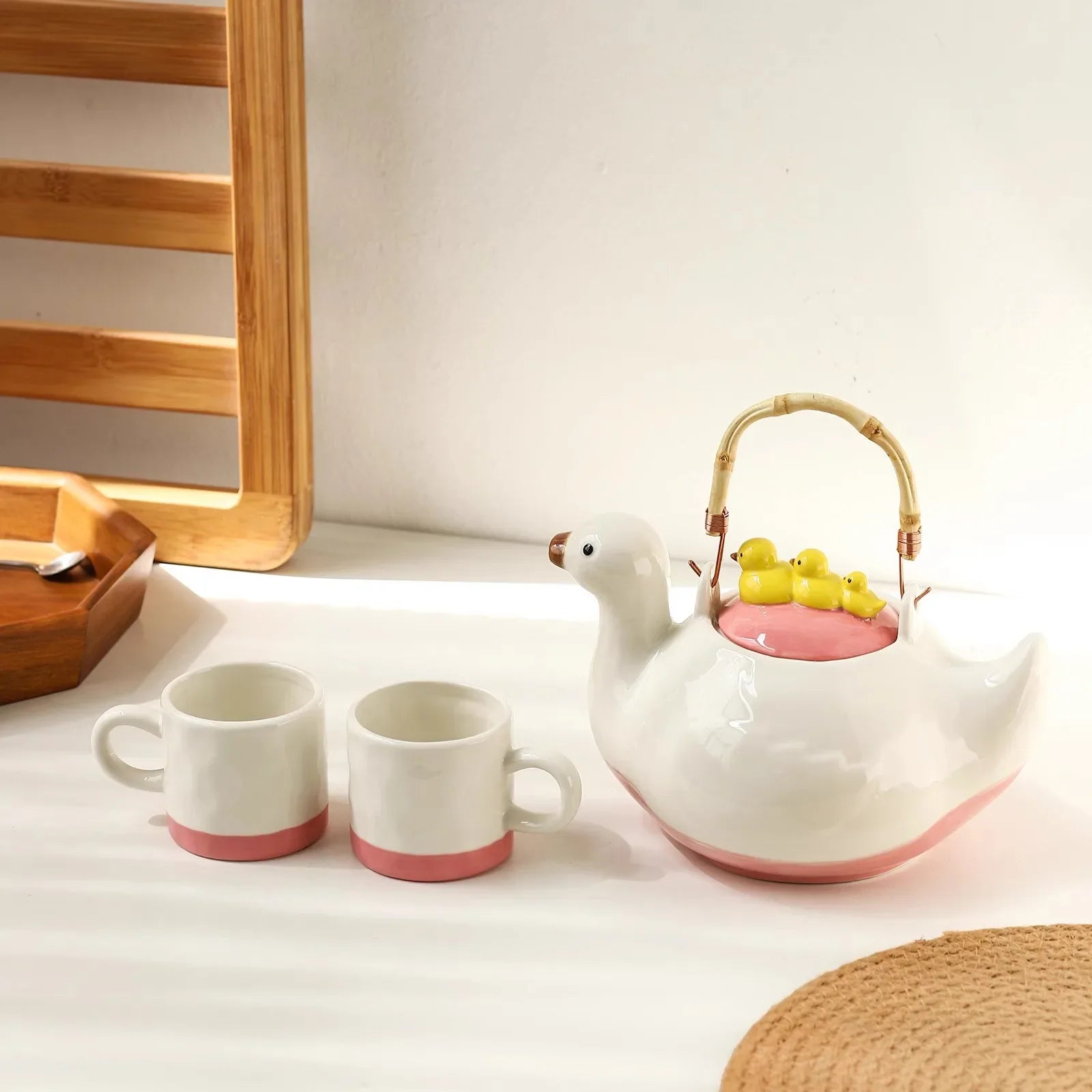 Duck,kettle,Drink water.Shape,Kettle set,Cup,Duckling,Cute,Pale pink,Summer,Goose,teacup,Brew tea,Household