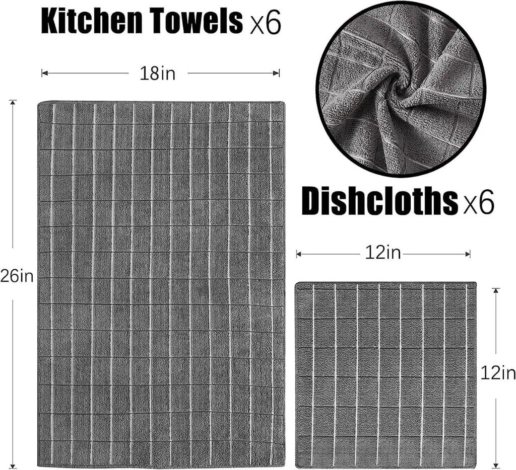12pcs Microfiber Kitchen Towels and Dishcloths Set, 26 X 18 Inch and 12 X 12 Inch, Bulk Lint Free Dish Towels for Drying Dishes