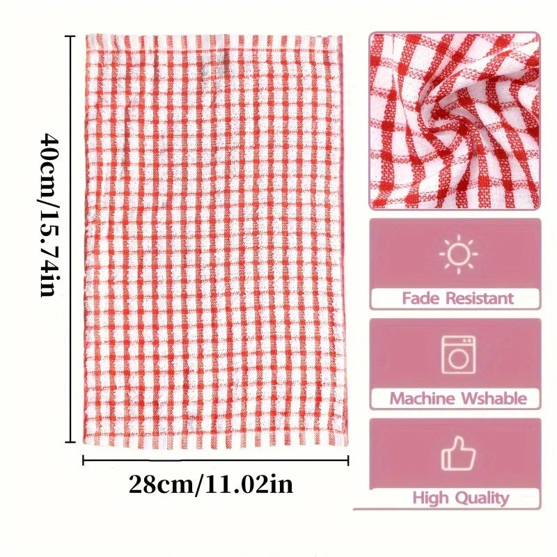 5pcs Absorbent Plaid Dish Towels - Reusable Kitchen Cleaning Cloths in Assorted Colors (Red, Blue, Orange, Yellow, Green)