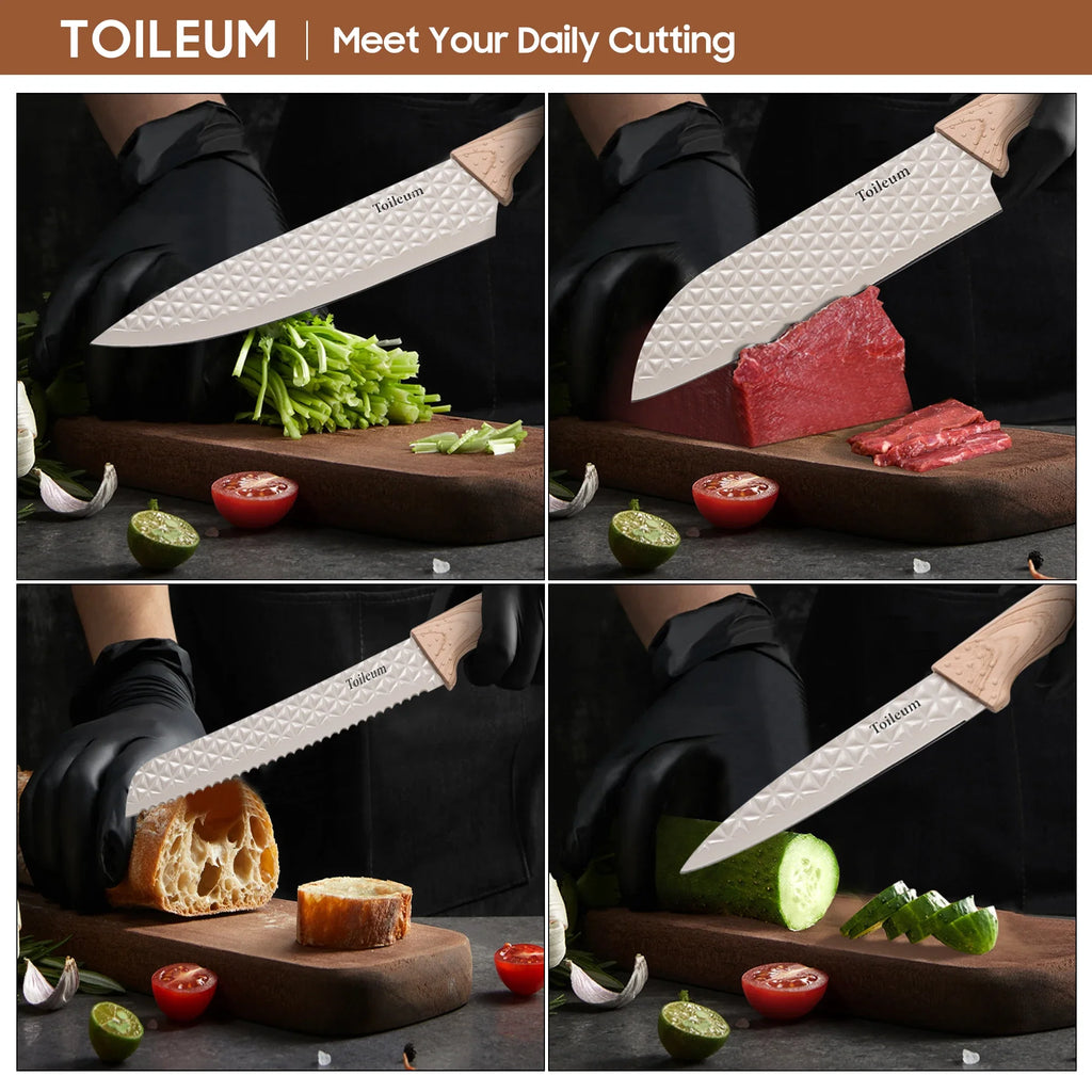 6PCS Kitchen Knife Set with Block Cover, Ultra Sharp High Carbon Stainless Steel Blade, Non Stick & Ergonomic Handle