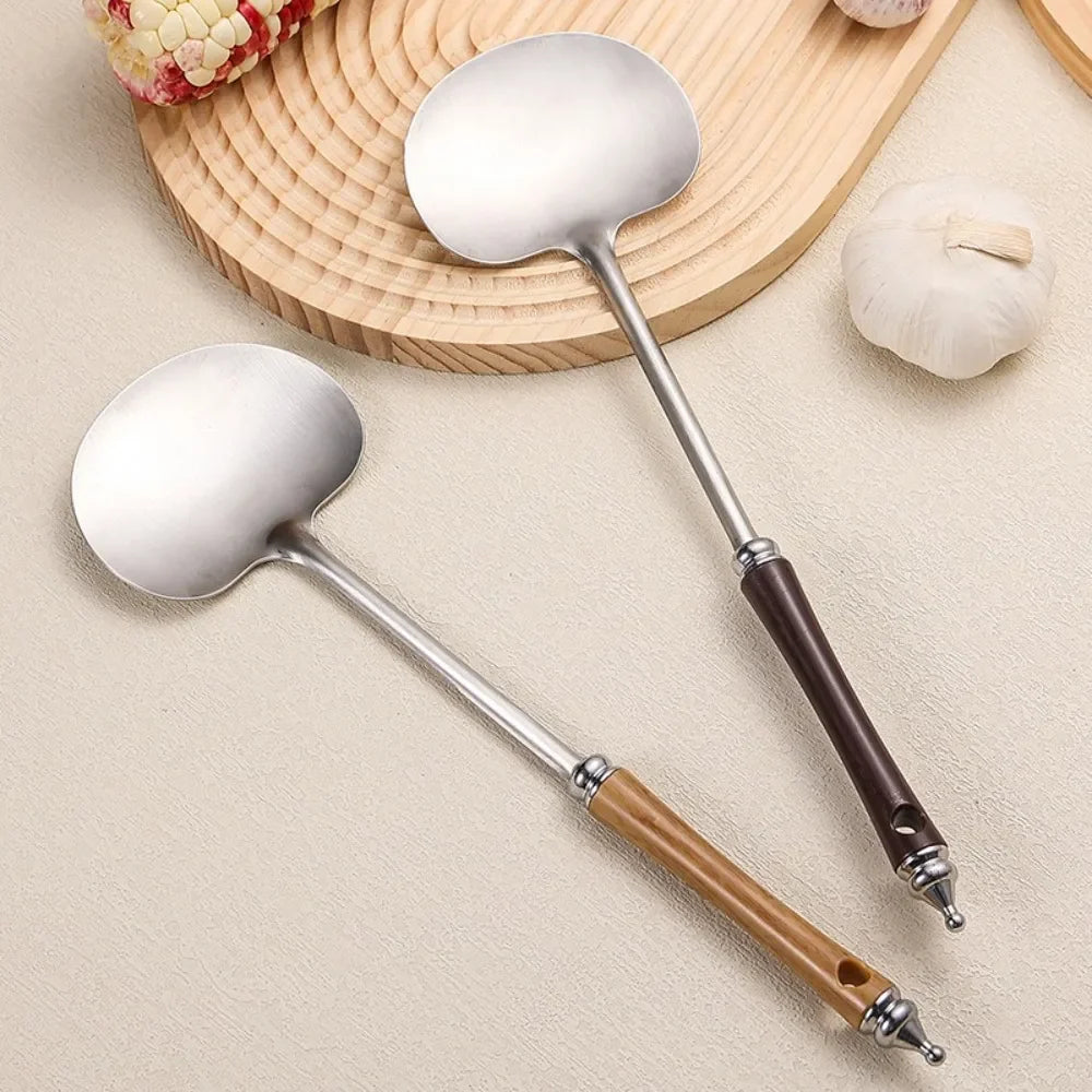 Stainless Steel Wok Spatula Long Wooden Handle Kitchen Utensils Chef-specific Mushroom Shovel Kitchen Accessories Essentials