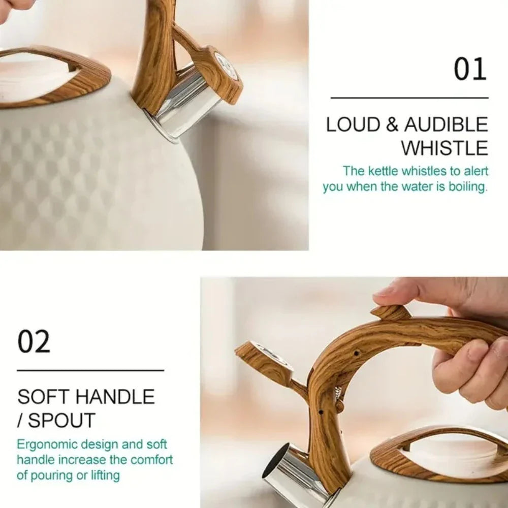 3L Tea Kettle with Wood Pattern Anti Hot Handle Loud Whistle Stainless Steel Kettle Heat Resistant for Boiling Water Coffee Milk