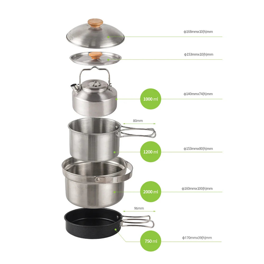 Camping Cookware Set Outdoor Picnic Cookware Kit Stainless Steel Pot Frying Pan Kettle Set Travel Cooking Accessory
