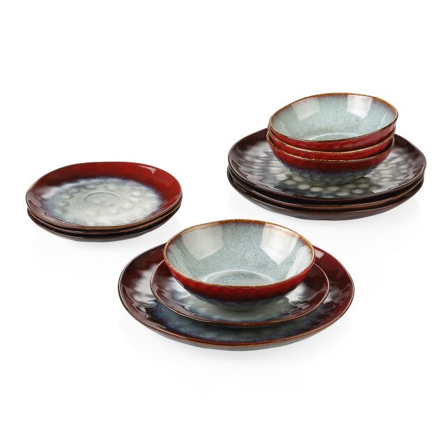 VANCASSO Starry Dinner Set Vintage Look Ceramic Red 12/24/36-Piece Stoneware Tableware Set with Dinner Plate,Dessert Plate,Bowl